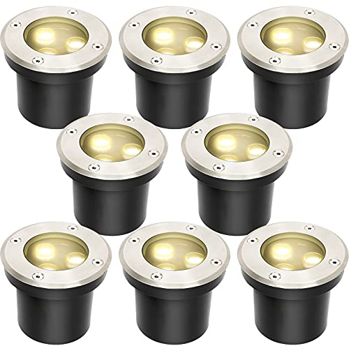 Daromigo Bodeneinbaustrahler Warmweiß Runde Bodenstrahler, 3W IP67 WasserdichtBodenleuchte rund aus Edelstahl für Terrasse/Garten/Gehweg/Patio/Auffahrt/Rasen 8er set