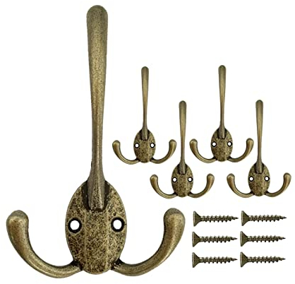 Mokife Gancho Perchero Antiguo, 5 Piezas Ganchos de Pared Retro Triple Puntas Percheros con Tornillos para Colgar Abrigos Ropa Túnicas Toallas Bolsas Sombreros Gorras Llaves Bufandas Tazas, Bronce