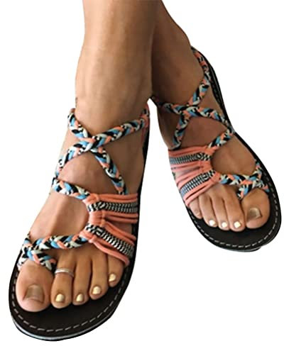 ORANDESIGNE Sandali Donna Eleganti Spiaggia Casuale Intrecciato Sandals Shoes Estivi Tacco Basso Infradito Scarpe 01 Arancia 42 EU