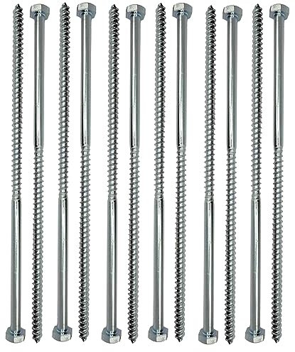 Lot de 10 vis à tête hexagonale M10 de 300 mm pour bois - Largeur : 17 mm - Plaqué zinc - Vis à béton hexagonales - Boulons demi-filetés argentés - 10 mm x 300 mm
