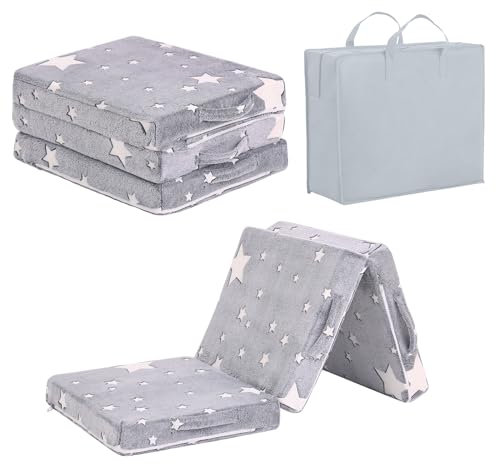 Tiita Trifold Bodenmatratze für Kinder, 145 x 56 x 8 cm Glow in The Dark Baby Kinder Futon mit abnehmbarem Bezug, Portable Schaumstoff Kleinkind Nap Matte mit Aufbewahrungstasche, Grey Star