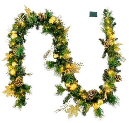 GOPLUS Weihnachtsgirlande mit Beleuchtung, 270cm Tannengirlande mit 50 LED-Lichtern, Kiefernnadeln, Tannenzapfen, goldenen Kugeln, Blättern & Beeren, Weihnachtsdeko für Treppen, Tür & Kamin