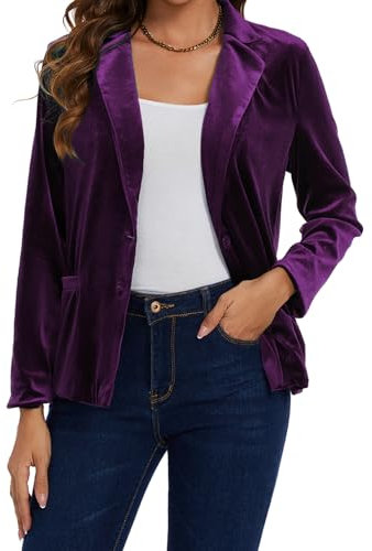 MINTLIMIT Blazer in velluto da donna, casual, lavoro, ufficio, a maniche lunghe, con risvolto dentellato e bottoni, giacca con tasche, Viola, XXL