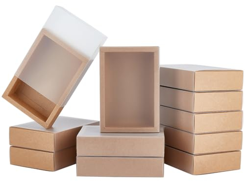 BENECREAT 12 pz. Scatola Regalo In Carta Kraft Marrone, Scatola Regalo con Cassetto Regalo In Plastica Traslucida con Finestra In PVC Satinato per Confezioni Regalo di Gioielli, 130x182x46mm