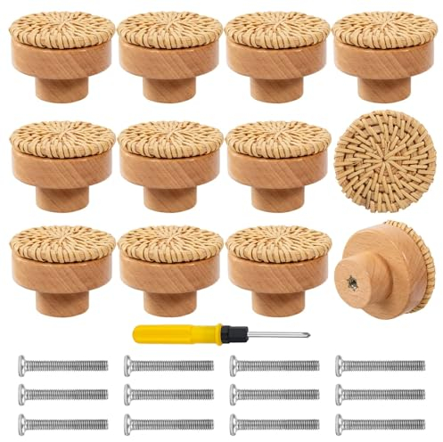 LOEPENLE 12 Stück Rattan Möbelknöpfe,Schrankknöpfe Boho Deko,Möbelknöpfe Holz Schubladengriff,Holzknöpfe Schrank,Schrankknöpfe fur Kinderzimmer,Vintage Schubladenschrank Holz Griffe für Möbel