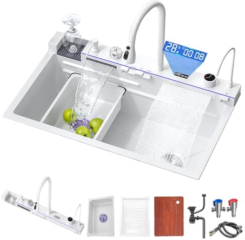 FIVIXIL Fregadero de cocina 68 * 46cm Fregadero digital en cascada Whale Grifería multifunción con lavavasos, dispensador de jabón, caño en cascada Flying Rain, control de mesa, etc