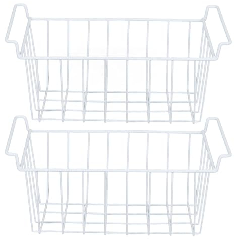 2 Pieces Paniers de Rangement en Fil de Congelateur, Bacs de Rangement Empilables pour Refrigerateur, Organisateur en Metal Domestique, Bacs de Rangement pour Garde-manger avec Poignees(L)