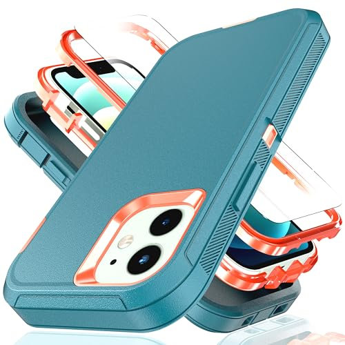 YmhxcY for iPhone 13 mini Case iPhone 12 mini Case 5.4-Inch with Explosion-Proof Screen Protector,3 in 1 Shockproof TPU Hard PC Bumper Drop-Proof Shell for iPhone 13 mini/iPhone 12 mini-Blue/Orange