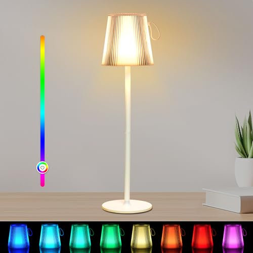 LED Tischlampe, Dimmbare LED Akku Tischleuchte Kabellos, Weißes Lichtfarbe 3000K+RGB, Akku Tischlampe Aufladbar mit Magnetisches Design, IP54 Wasserdichte für Indoor Outdoor Schlafzimmer Bar Weiß