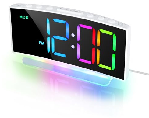 Lafocuse Bunter Wecker Digital mit 8 RGB LED Display & 7 RGB Nachtlicht, Laut Kinderwecker mit 2 Alarmen, Snooze, Helligkeit und Lautstärke Regelbar, Kinder Tischuhr Nachttisch Jungen Mädchen, Weiß