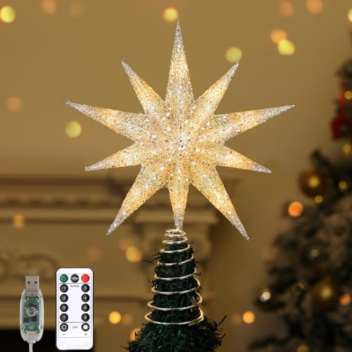 Lewondr Árbol de Navidad Topper, Estrella del Árbol Topper con Cuentas Luz LED, Estrella de Diez Puntas Arbórea con Telecontrol, Decoración para el Hogar Vacaciones, Plateado