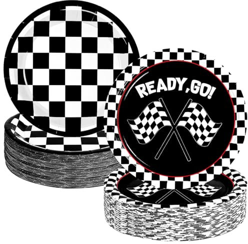 WNINK 48 PCS Race Car Themed Disposable Plates Black and White Checkered Dessert Plates Round Checkered Flag Party Paper Plates for Race Car Birthday Baby Shower Outdoors Picnic Party Supplies