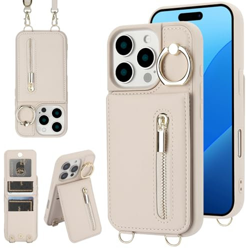 Jcxtrombulous Hülle für iPhone 12 Pro Max Hülle Stoßfeste Handyhülle mit Verstellbarer Halskette RFID Reißverschluss Geldbörse Etui mit Kartenfach mit Band Ring Ständer Case für Frauen-Beige