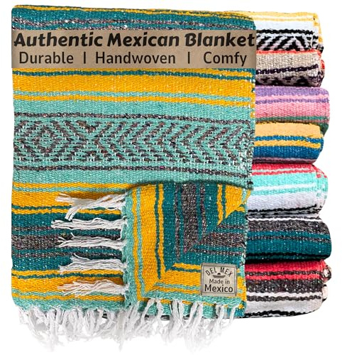 Del Mex Classic Mexican Blanket, Large Authentic Woven Falsa Throw (70x50), Artisan Southwest Décor for Beach, Yoga, Outdoors (Teal/Yellow)