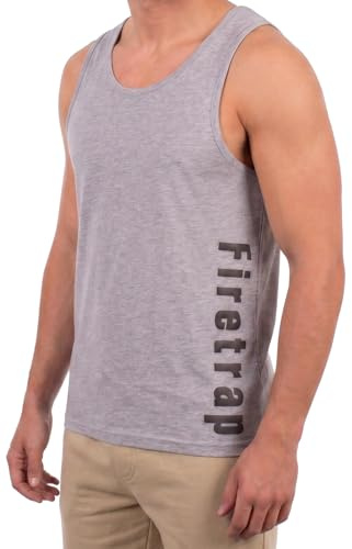 Firetrap Mens Designer Vest - Grey Marl Sublimation Print Sleeveless Tank Top - 100% Polyester Waffle Fabric - Summer Fashion, Beach, Gym & Training