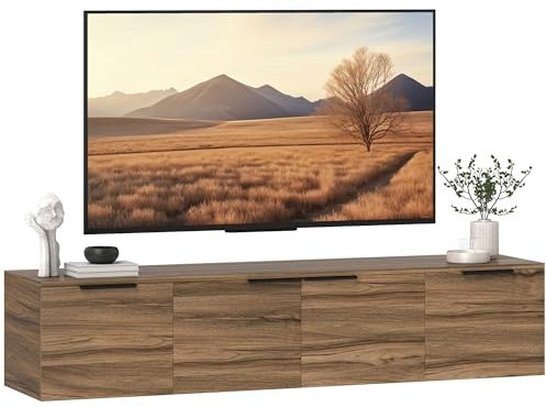 HOMCOM Meuble TV Suspendu 150 cm, Meuble télé pour téléviseur jusqu'à 65 Pouces, 3 placards à Portes et étagères Amovibles, Banc TV Mural pour Salon Chambre à Coucher, Marron