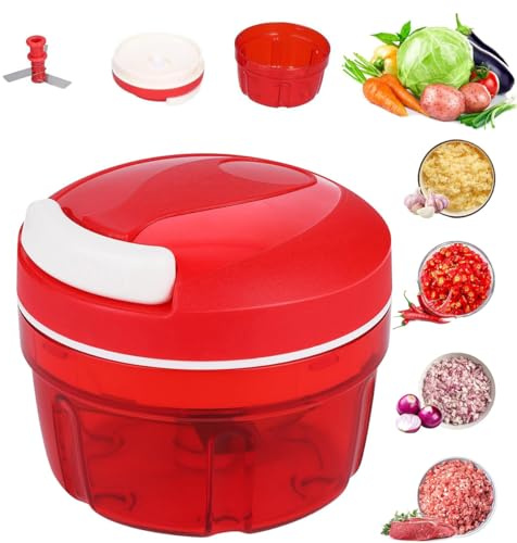 Ruayia Zwiebelschneider Manuell, Gemüseschneider Zerkleinerer Manuell mit Edelstahlklingen, Multizerkleinerer mit Deckel, Vegetable Onion Chopper für Gemüse, Obst, Zwiebeln, Nüsse, Knoblauch - Rot