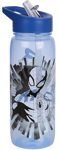 MARVEL Spider-Man BOUTEILLE D'EAU avec embout et poignée, transparente BOUTEILLE AVEC PAILLE 600 ml (Bleu Spider-Man)