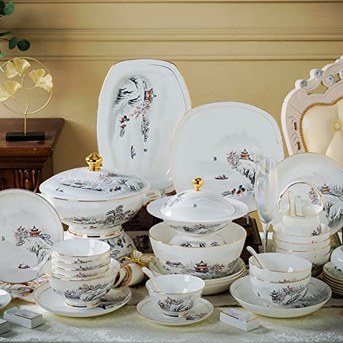 DLAZUM Service de Table 72 pièces, Vaisselle Peinte à la Main, Service de Table en Porcelaine Snow Mountain, Vaisselle en Porcelaine Tendre, Service de Vaisselle à Bord doré ave