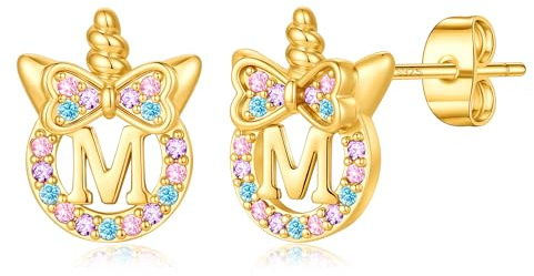 TINGN Einhorn Ohrringe für Mädchen Geschenke - Hypoallergene Silber 925 Bunte Regenbogen Zirkonia Ohrstecker mit Buchstaben Gold Ohrringe Kinder Schmuck Einhorn Geschenk für Mädchen 5-12 Jahre