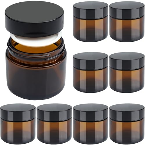 Lot de 8 bocaux vides en verre ambré de 60 ml avec couvercles noirs, pots de rangement pour crème pour le visage avec cosmétiques, poudre, lotion, crèmes, cadeaux de voyage (60 ml)