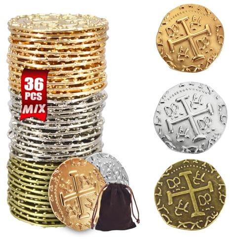 ZUCOS Piraten Münzen Zubehör,Goldmünzen-Set, Metall Goldtaler Deko Dublonen für DND Brettspiele, Cosplay, Realistische Mittelalter Geld-Imitation, Piratenschatz (Gold 12,Silver 12,Copper 12, Large)