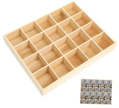 20 Fächern Holz Aufbewahrungsbox, Stapelbar für Ordnung | Pine, Beige, 34x27x5cm, für Schubladen und Schrank, Klare Trennung von Kleinteilen