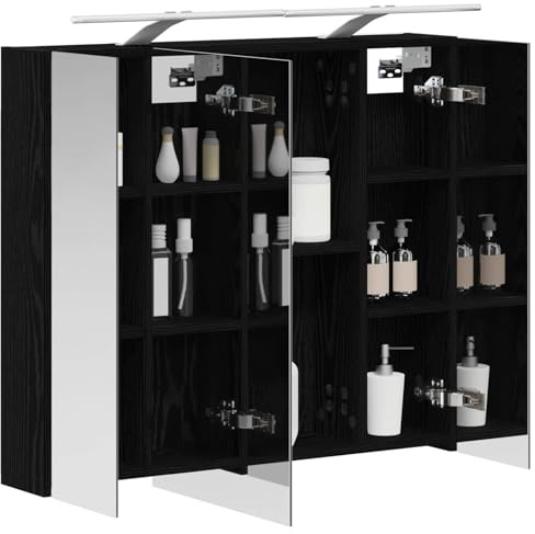 vidaXL Badezimmerspiegelschrank Schwarz Eichen-Optik 80 x 14,5 x 70 cm, Badezimmer Aufbewahrung, rechteckiger Schrank, modernes Design, platzsparender Wandspiegel, verstellbares Regal, Organizer