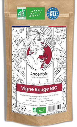 Ascenbio ✿ Vigne rouge BIO 90g ✿ Pour Tisane Détox, Bien être veineux ✿ Vitis vinifera var. tinctoria ✿ Préparé et conditionné en France ✿ Emballage biodégradable