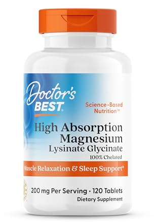 Doctor's Best High Absorption Magnesium Glycinate Lysinate Supplement for Sleep Support - Chelated Magnesium Tablets for Women & Men, 200mg per Serving, Supports Calm & Relaxation, Vegan - 120 Count