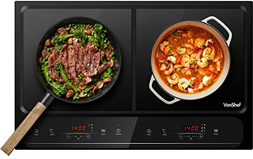 VonShef Double Induction Hob - 2800W Portable Dual, Twin Plate Electric Table Top with LED Display, Built-In Timer, 10 Heat Settings 60-240°C - Black