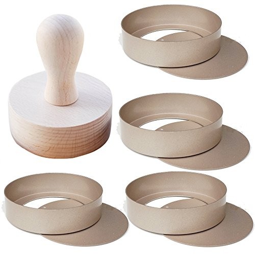 TAMUME Oro Rosa Aluminio Conjunto de Molde Tarta de 4 con una Prensa de Madera, Redondo Molde para Hornear Juego de 4 y Moldes para Pasteles y Tartas, Tartaletas y Quiches