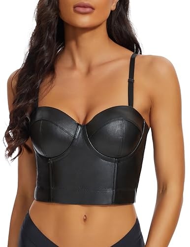 SLIMBELLE Lack Leder Crop Top Damen Leder-Optik Bustier Korsett Bauchfrei Wetlook Shirts Kurz Tanktop Leder Spaghetti BH Top mit Push up Effekt Oberteile Bekleidung für Jeans Rock