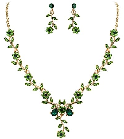 Clearine Damen Hochzeit Schmuck Set Blatt Cluster Blume Kristall Anhänger Halskette baumeln Ohrringe für Braut Grün Gold Ton