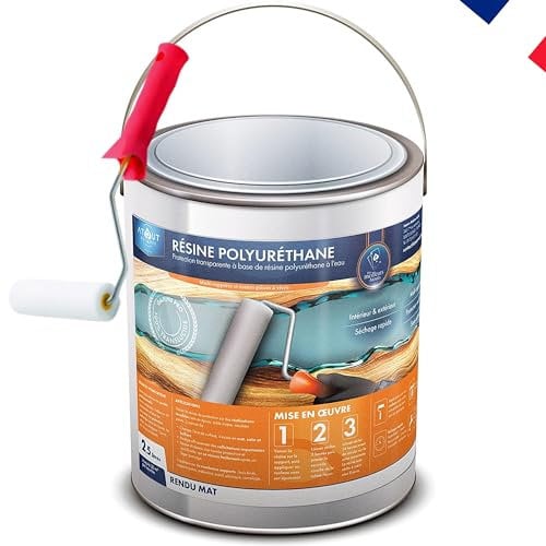 Résine polyuréthane MAT 2.5L mono- composant, incolore, vernis, vitrificateur, protection polyvalente, multi-usages et son rouleau adapté à la bonne application de la résine.