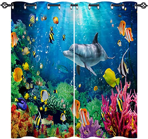 ANHOPE Ozean Fisch Delphin Koralle Gardinen Blickdichte mit Ösen Kinder Jungen Mädchen Thermo Vorhänge Blackout Curtain Vorhang Wohnzimmer Schlafzimmer Verdunklungsvorhänge 2er Set H 138 x B 117 cm