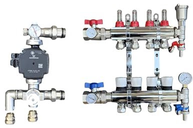 4 Port Brass Underfloor Heating Manifold with A Rated UPM3 Auto Flex Pump, Blending Mixing Valve,16mm Pipe Connection and Ball Valves with Gauges for Water Underfloor Heating System