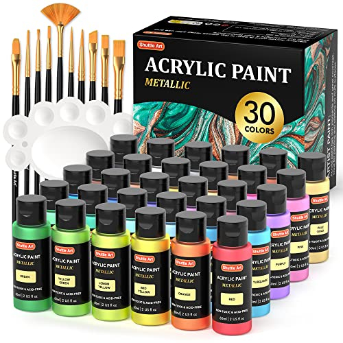 Shuttle Art Metallic Acrylfarben Set, 30 bunte Acrylfarben Metallic in Flaschen (60 ml), 10 Pinsel, 1 Palette, für Kinder, Erwachsene, Künstler und Anfänger auf Leinwand, Holz zum Bemalen geeignet
