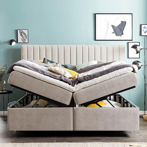 Boxspringbett mit XXL Bettkasten Paris 180x200 Samt, mit Topper, Acryl-Füße, Hotelbett, Polsterbett, 7 Zonen Taschenfederkern-Matratze, Aufbau KOSTENLOS (Beige, 180x200 cm mit Topper)