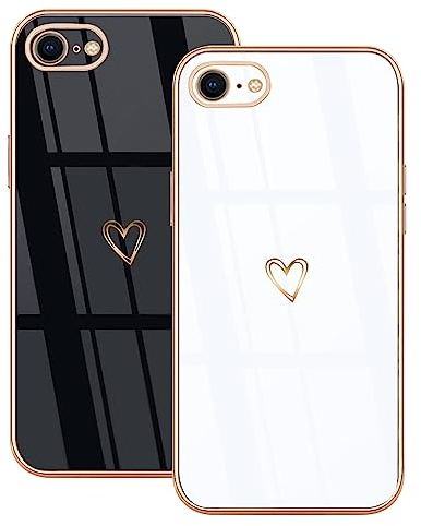 Lonrapa 2 Stück iPhone 8 / iPhone 7 Handyhülle Gold Herz Muster Motiv Hülle für Mädchen Frauen Galvanisierte Weich TPU Silikon Stoßfest Schutzhülle iPhone SE 2022 / SE 2020 Case Cover - Schwarz & Weiß
