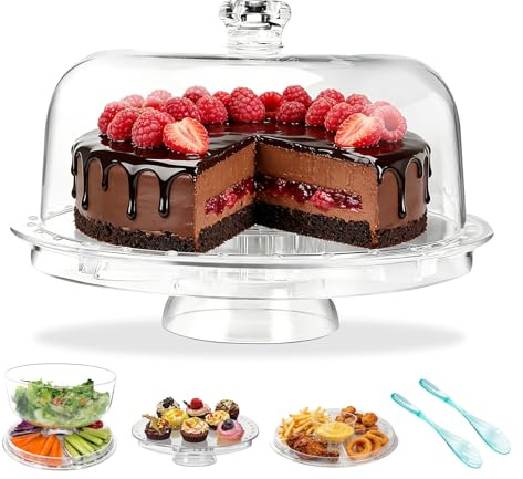 OZD Cake Stand, 12'' Cake Stand with Lid, Send 2 Spoons | 6 in 1 Cake Display Stand with Dome, Serving Stand Salad Bowl for Fruits Snacks Nuts, Clear Acrylic