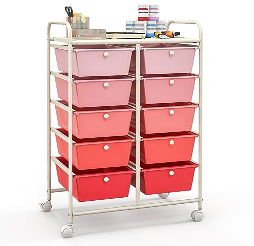 TANGZON 10 Drawers Storage Cart, Rolling Utility Cart with Lockable Wheels, Multipurpose Mobile Organizer Trolley for Home Office Stationery Beauty & Salon (Gradient Pink)