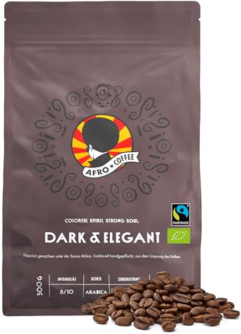 AFRO COFFEE Dark & Elegant I 500g Premium Bio Kaffeebohnen Fairtrade I 100% Arabica Kaffee Bohnen I Bohnenkaffee aus Äthiopien mit Noten von Bitterschokolade I handgepflückt, dunkel geröstet, säurearm