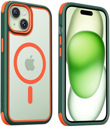 MobNano Hybrid Magnetisch Durchsichtig Hülle für iPhone 15 Hülle [Kompatibel mit MagSafe] Stoßfest Bumper Transparent Starke Magnet Handyhülle Clear Silicone iPhone 15 Case -Grün/Orange