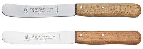 RÖR Küchenmesser/Brotzeitmesser - Buckelsmesser Set 2-teilig mit/ohne Wellenschliff - rostfrei mit Buchenholzgriff - Länge: ca. 22 cm - Made in Germany/Solingen