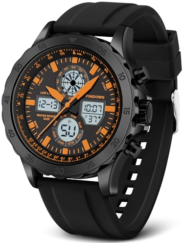 Orologio Uomo Sportivo Militare Impermeabile Analogico Digitale in Acciaio Inossidabile con Sveglia, Cronometro, LED, Suoneria Oraria - Multifunzione (Arancione-Nero)