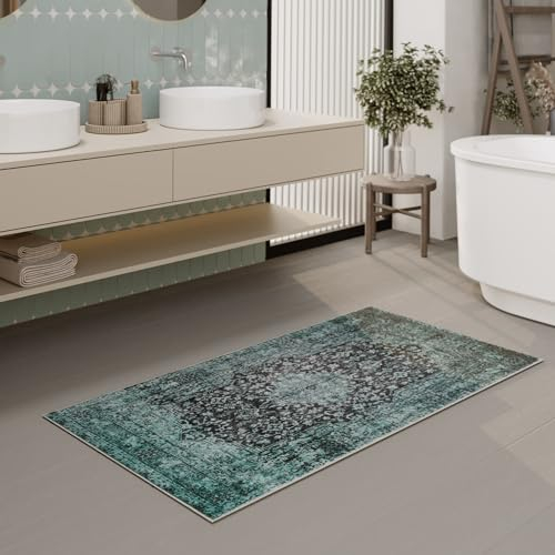 Vintage Badezimmerteppich von WECONhome - Hochwertig und waschbar - Trendiges Wohnaccessoire für Modernes Bad-Design - Ralph (70 x 120 cm, grün)