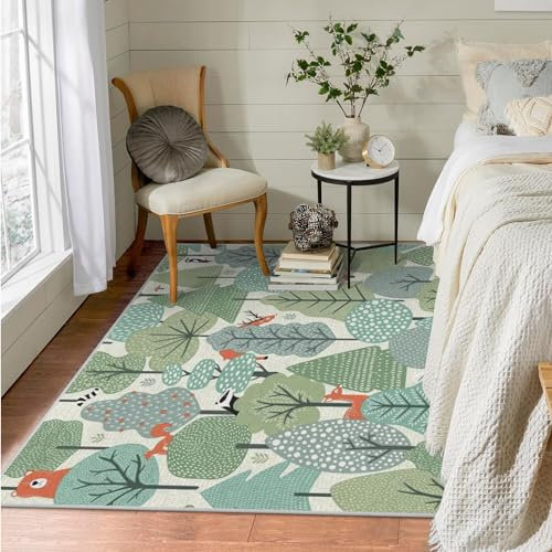 Waschbar Wohnzimmer Teppich Waldtiere 70x140 Kurzflor Schlafzimmer, Grün Gegend Dünn Bettvorleger Saugfähig für Jugendzimmer Jungen Mädchen