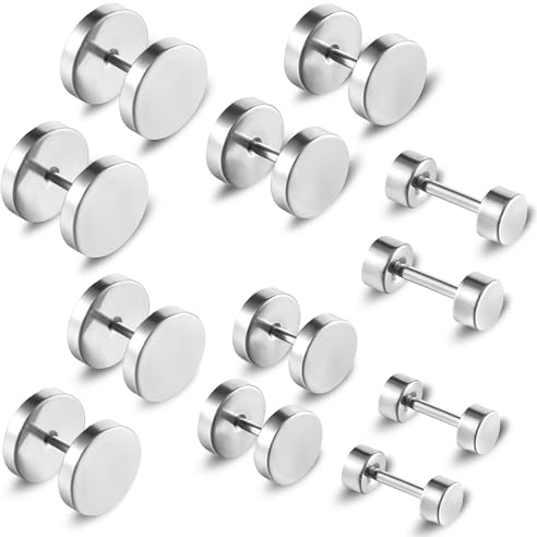 6 Paare Dot Ohrstecker Schwarze Edelstahl Stud Ohrstecker Set für Männer, Schwarz Runde Flat Ohrstecker Hypoallergen Ohrringe, Punk Rock Ohrstecker Herrenohrringe Set (4–10 mm)(Silber)
