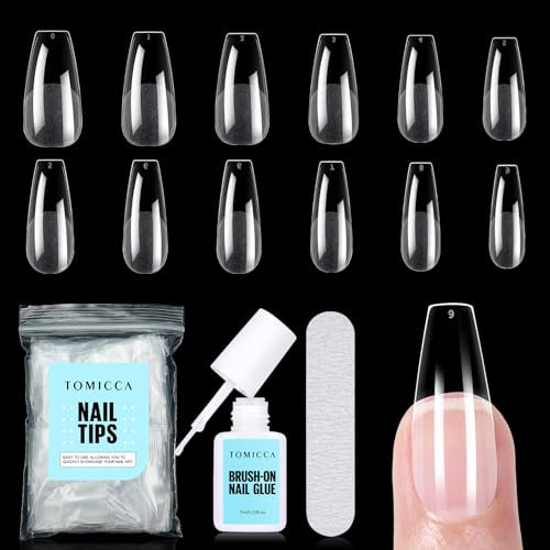 TOMICCA Kit Pose Americaine Ongles Gel avec Colle, 240 Pièces Faux Ongles en Gel Ballerine Longue & 7g Colle Faux Ongles, Qualité Professionnelle Salon, 10 Tailles
